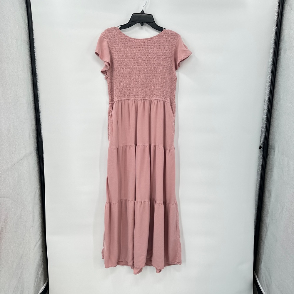 Cottagecore Smocked Tiered Maxi Dress size Large Blush Pink Romantic Pockets